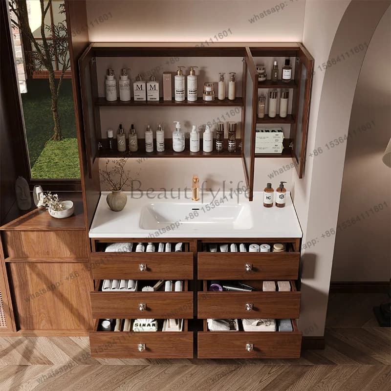 LDBathroom Cabinet Ceramic Integrated Basin Walnut Oak Toilet Washbasin Basin with Six Drawers Vanity Combination Antique