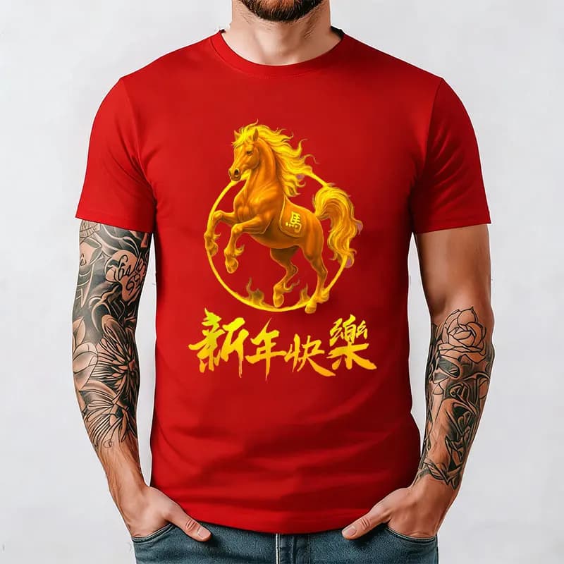 2026 Happy New Year Year of The Horse Fire Horse T Shirt Collectible Zodiac Tee Souvenir for Chinese New Year Fans Men Clothing