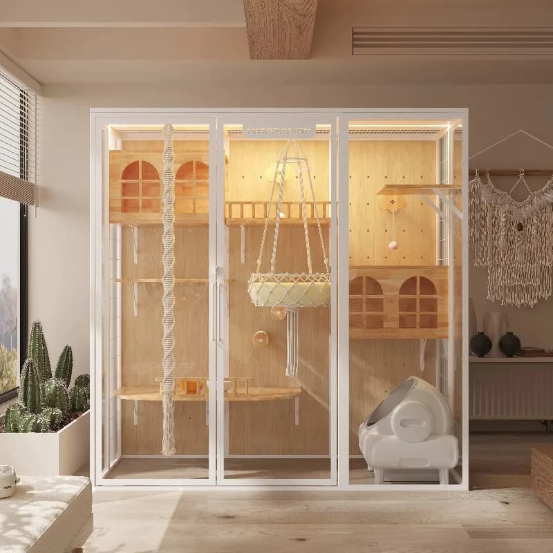 Customizable Carbon Steel Frame With Rubber Wood Board Tempered Glass Pet Condo Movable Wheel Large Space  House Villa