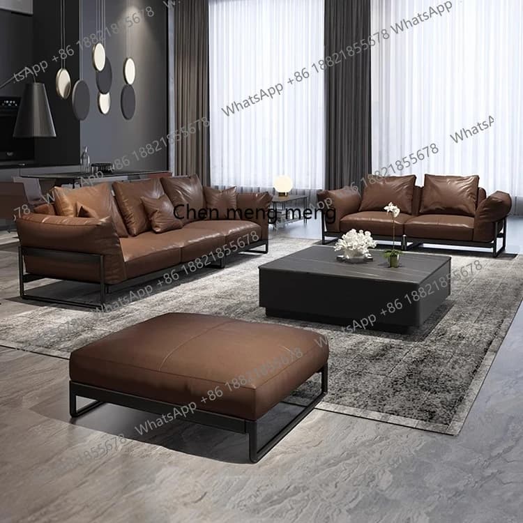 Italian minimalist leather sofa first layer cowhide post-modern minimalist Italian minimalist light luxury living room home