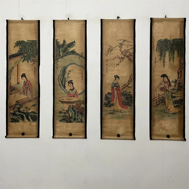 China Old Scroll Painting, Four Screen Paintings, Middle Hall Hanging Painting, Chinese Beauties