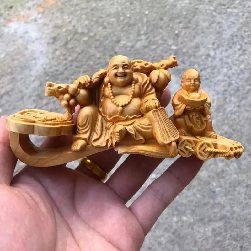 14*8*3.5cm China Cliff Cypress Hand Carved Ruyi Yuanbao Maitreya Buddha Statue