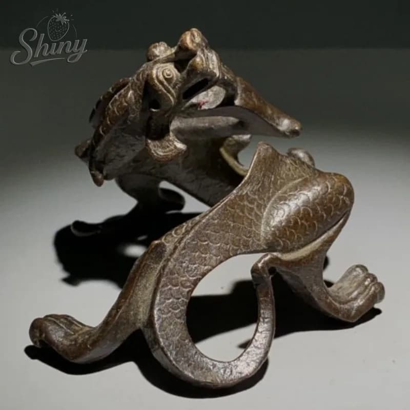 Old Copper Coiled Dragon Pen Holder Paperweight Statue Detailed Scale Carving Natural Dark Patina Chinese Curio Ornament