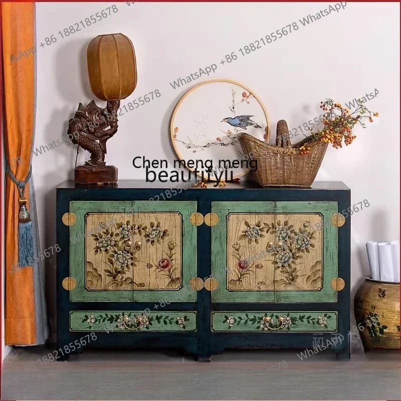 ss8350 Chinese-style entrance cabinet painted furniture solid wood dining side cabinet retro old painted shoe cabinet