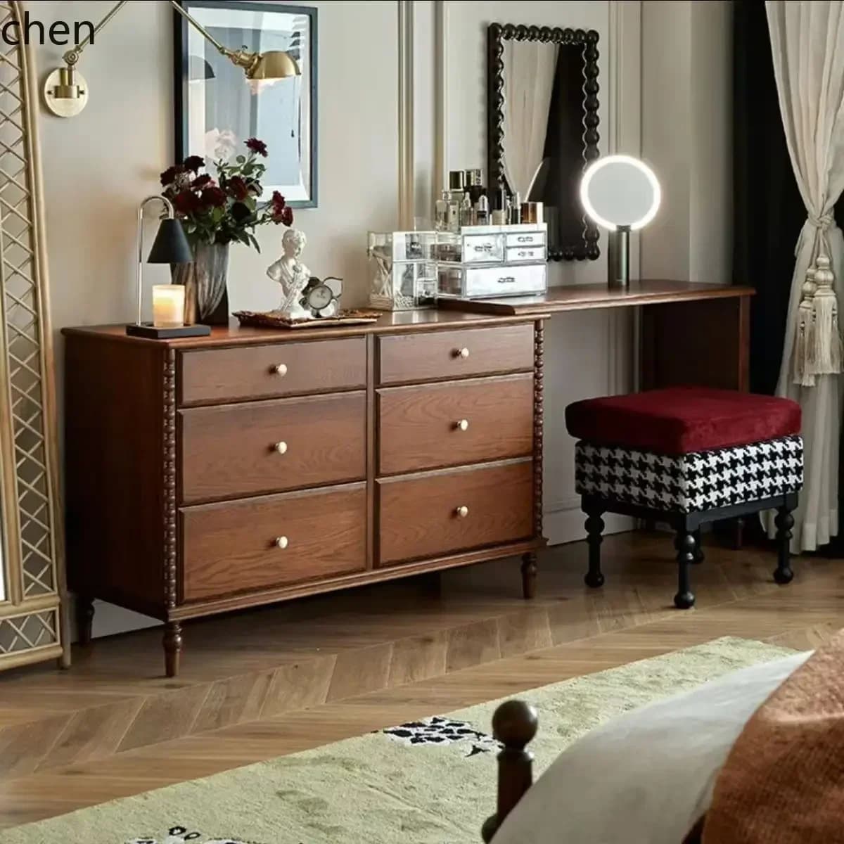 DSA Retro Dressing Table Bedroom Desk Makeup Table Corner Extendable Chest of Drawers Integrated Solid Wood Storage