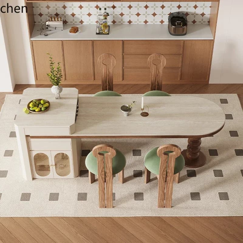 CZ-1   medieval wind island dining table integrated household small apartment retractable arc travertine rock slab
