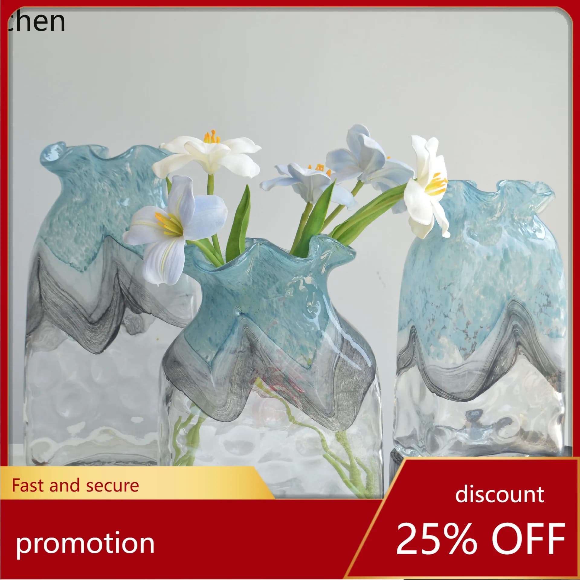 Zml vase - black and white landscape cloud pattern water ripple square tile flower vase - glass