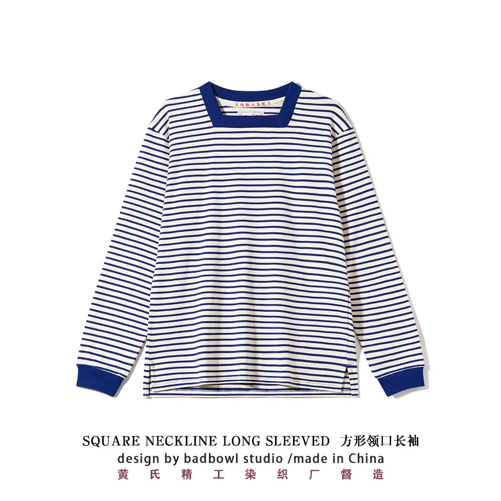 Original Square Neck Striped T-shirt From The Great Voyage Series, Heavyweight Pure Cotton Men's Retro Long Sleeved T-shirt