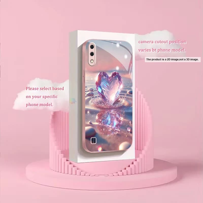 Iridescent Sea Heart Pink Metallic Glass Phone Case For Samsung A20s/A21s/A22/A23/A24/A25/A26/A31/A32/A33/A34/A36/A42/A50 Cover