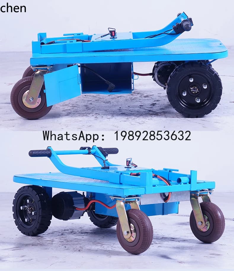 electric flat four-wheel hand push load king warehouse truck trailer construction site pulling cement sand into the elevator
