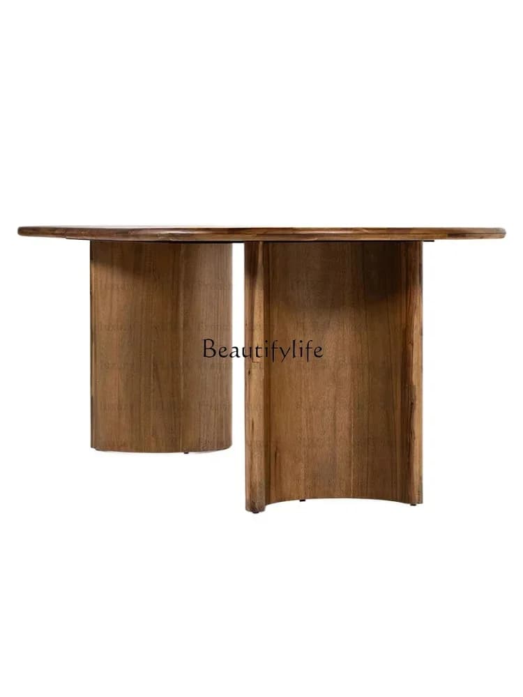 FGMedieval style solid wood dining table Nordic creative walnut color oval retro dining table
