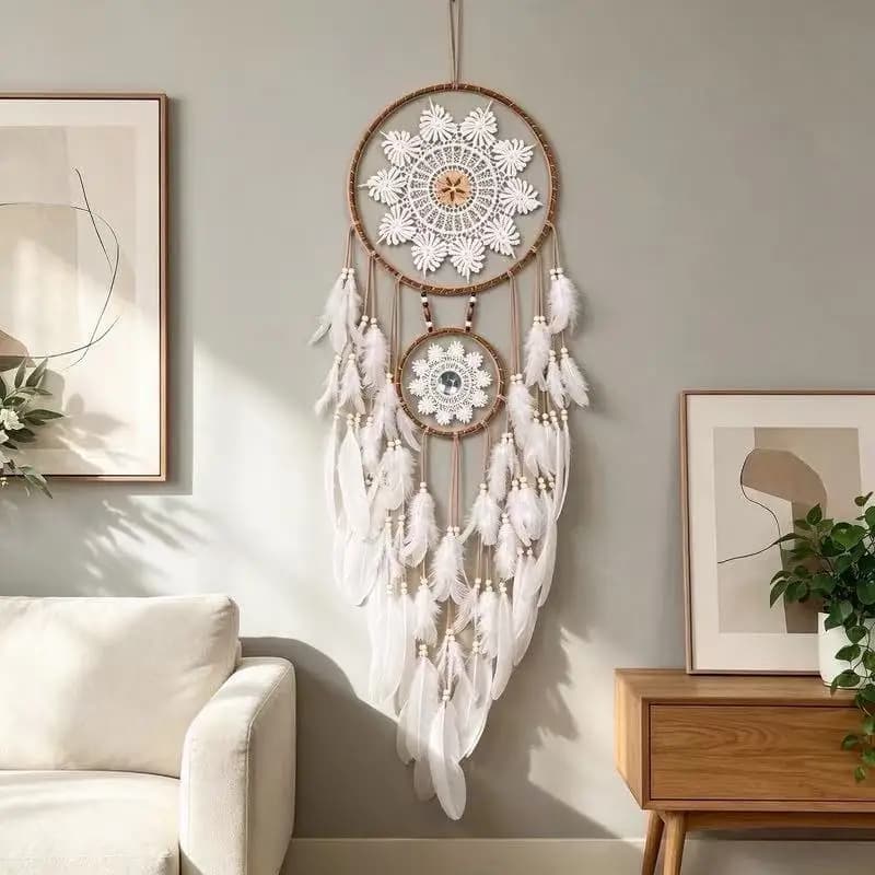 Vintage Feather Tassel Pendant, Double Layered Handmade Woven Tapestry With Dream Catcher Net, Holiday Gift.