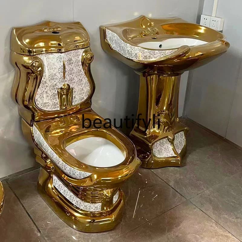 02European-style golden toilet hotel home retro toilet color creative split column basin
