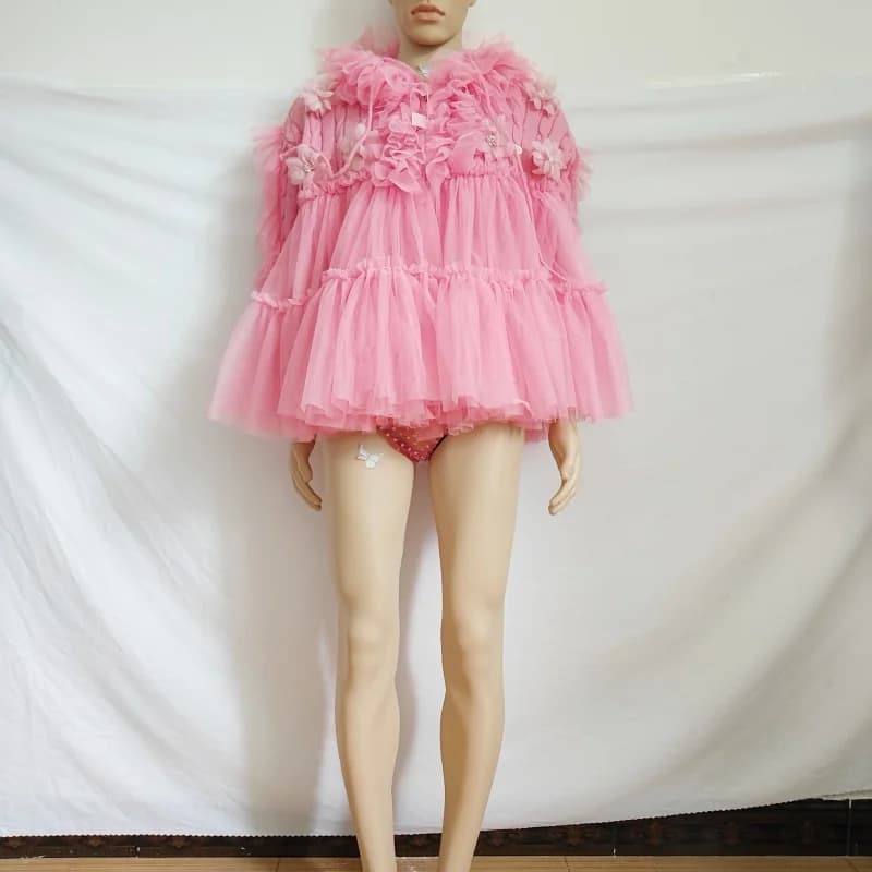 Sexy Female Pink Autumn Cardigan Top Fluffy Mesh Splicing Loose Soft Sweater Knit Hoodie Long Sleeve Ruffles Floral DJ Club Bar