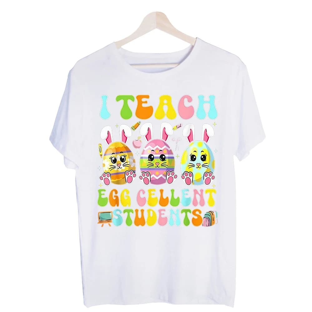 Teacher's Easter Egg and Bunny Graphic Tee, Short Sleeve Crew Neck T-Shirt for Spring Holiday and Classroom Wear