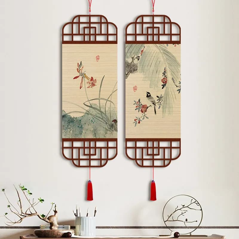 Chinese Artistic Bamboo Woven Hanging Painting with Plant Flower Design Entrance Decorative Curtain for Tea Room Living Room Stu