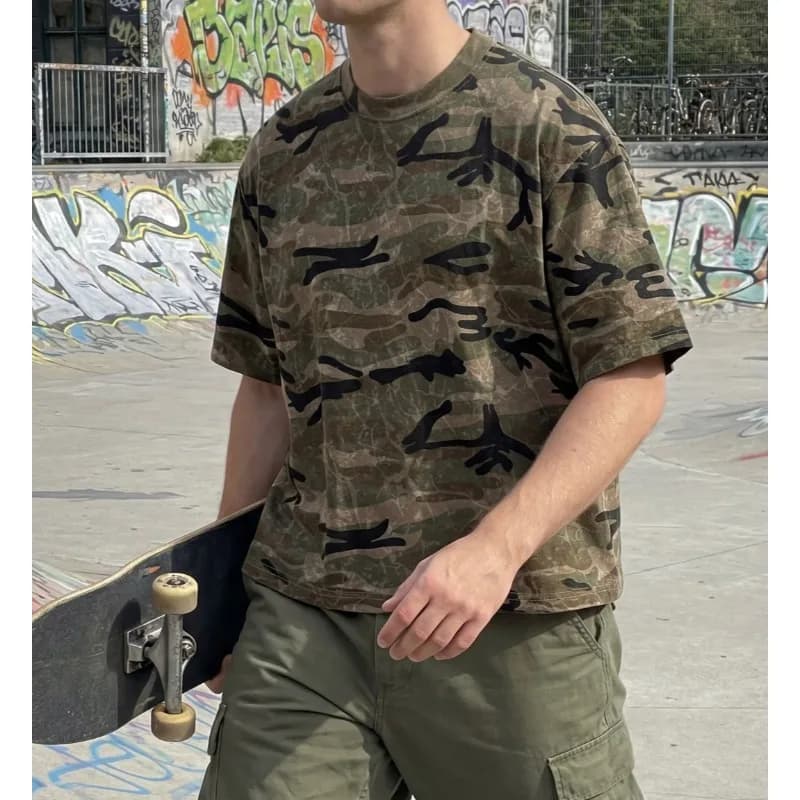 Men's Clothing Camouflage Pure Cotton Round Neck Short-sleeved Men's T-shirt Trendy Brand Retro Short-sleeved Short-sleeved