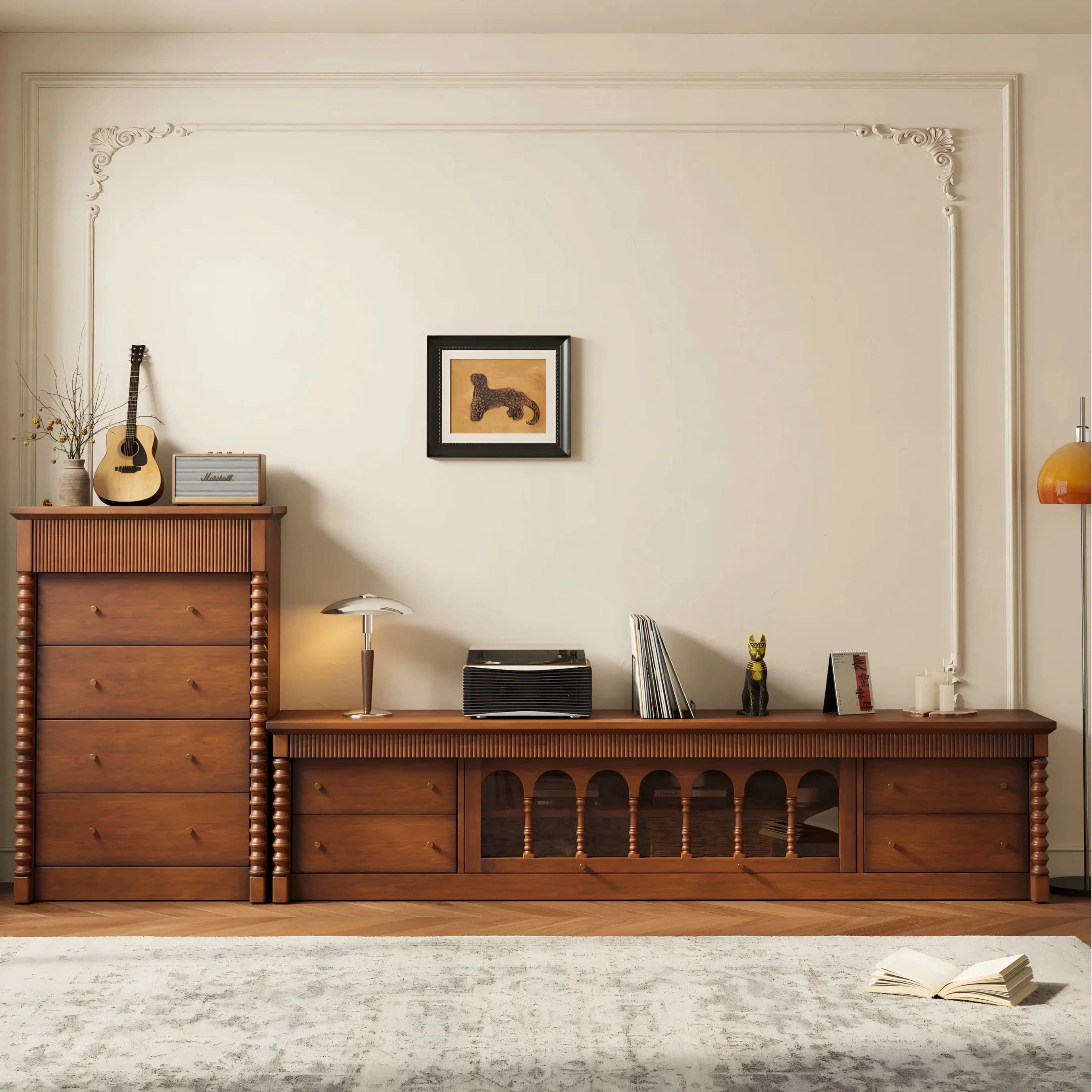#French Retro Solid Wood TV Cabinet 200kg Load Capacity E0 Environmental Protection Can Be Combined for Hotel Apartment Living