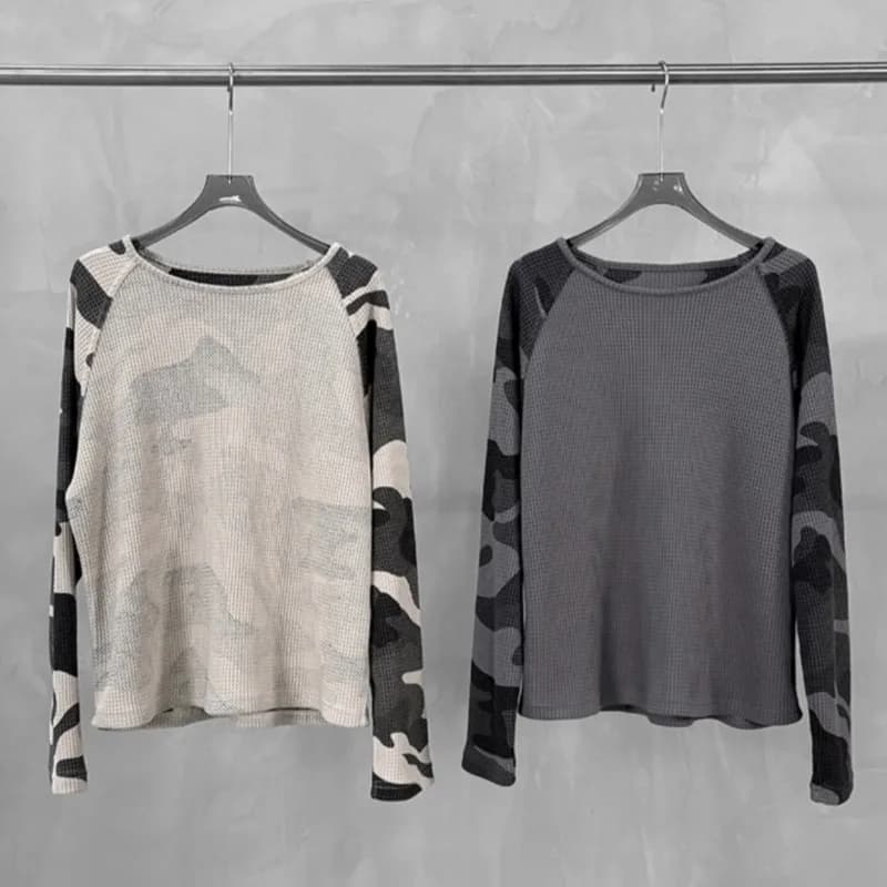 26SS Men's Long Sleeved Pullover Top Classic Design Retro Camouflage Long Sleeved T-shirt Breathable Waffle Knit Couple's Top