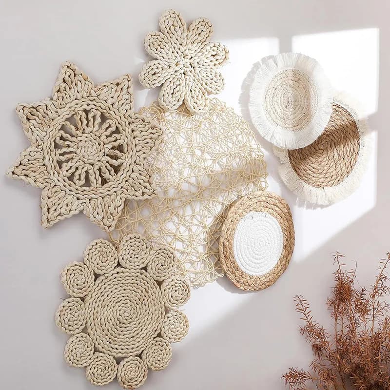 Bohemian Rattan Wall Basket Set Handcrafted Macrame Living Room Woven Shelf Ethnic Style Hanging Planters Wall Decor