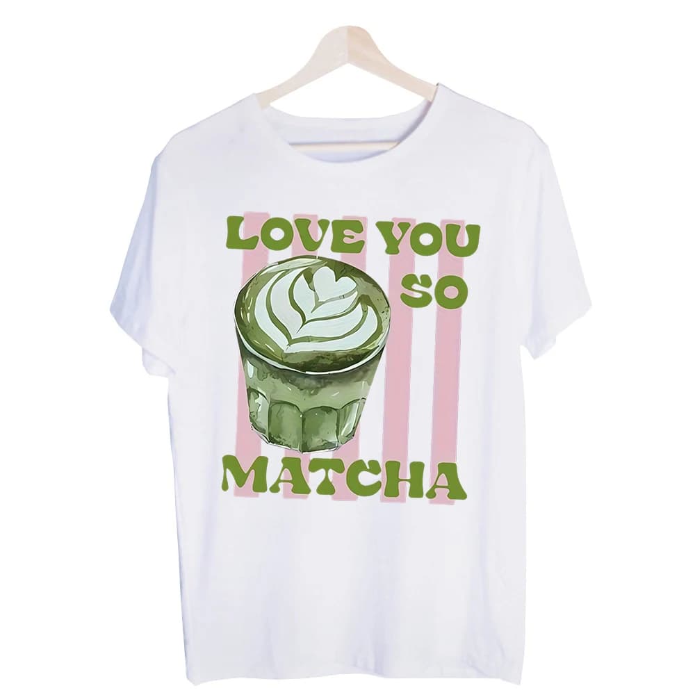 Women's Matcha Latte Art Graphic Tee, Short Sleeve Crew Neck T-Shirt for Casual Daily Wear and Coffee Lover Outfits