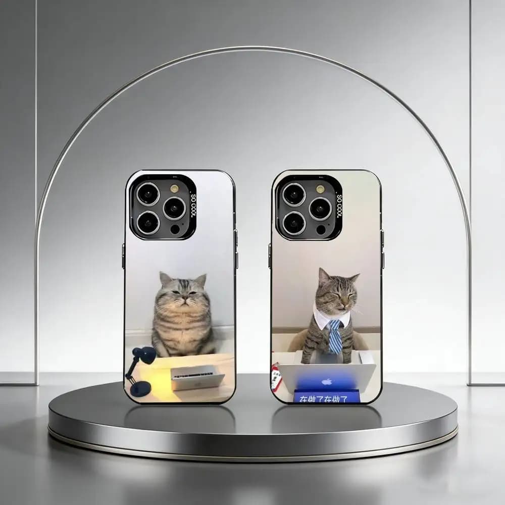 Table Working Cat Phone Case For iPhone 17,16,15,14,13,12,11 Plus,Pro Max,XS,Colorful Silver Black Cover