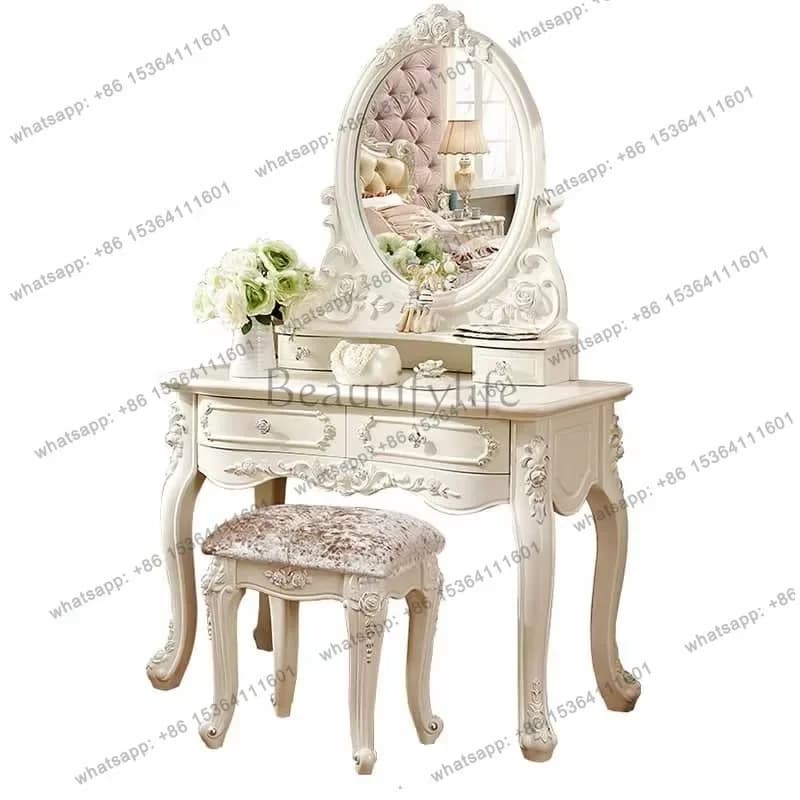 02White Storage Wood Vanity Table Mirror Stool Organizer Bedroom Dresser Makeup Drawers Luxury Meuble Coiffeuse Home Furniture