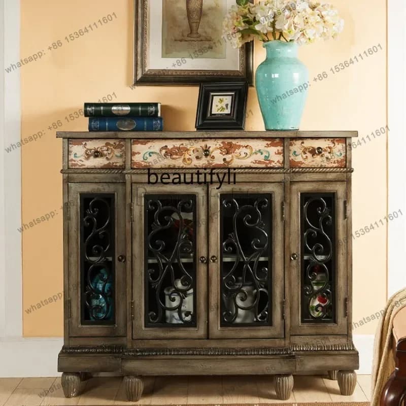 yj9 American solid wood entrance storage wine cabinet retro European small apartment storage hollow cabinet