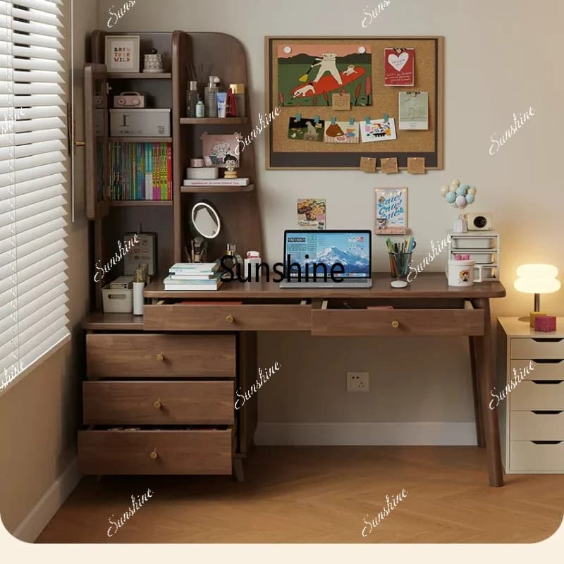 Solid wood retractable desk, integrated with chest, home bedroom computer