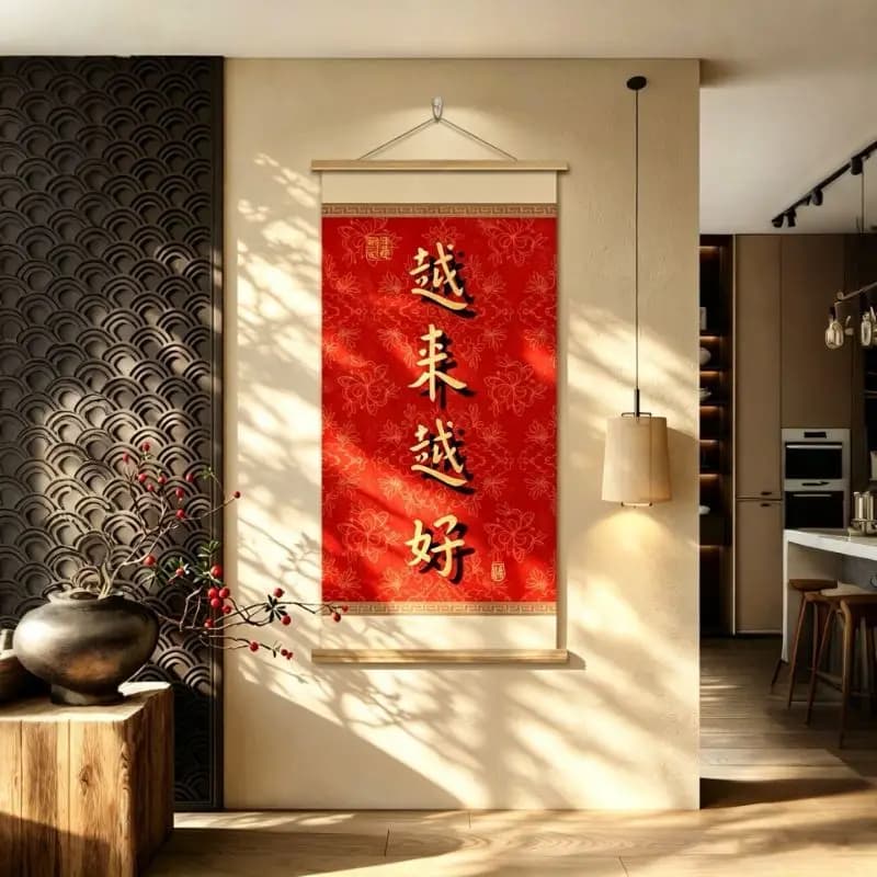 Red Peace and Joy Chinese Calligraphy Hanging Wall Scroll