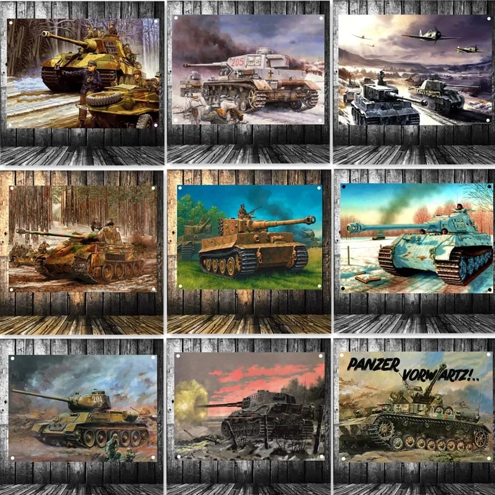 Wall Chart for WWII Armory Weapons - Military Art Banners for Wall Decoration - Heavy Armor Tank Display Wall Hanging Flag