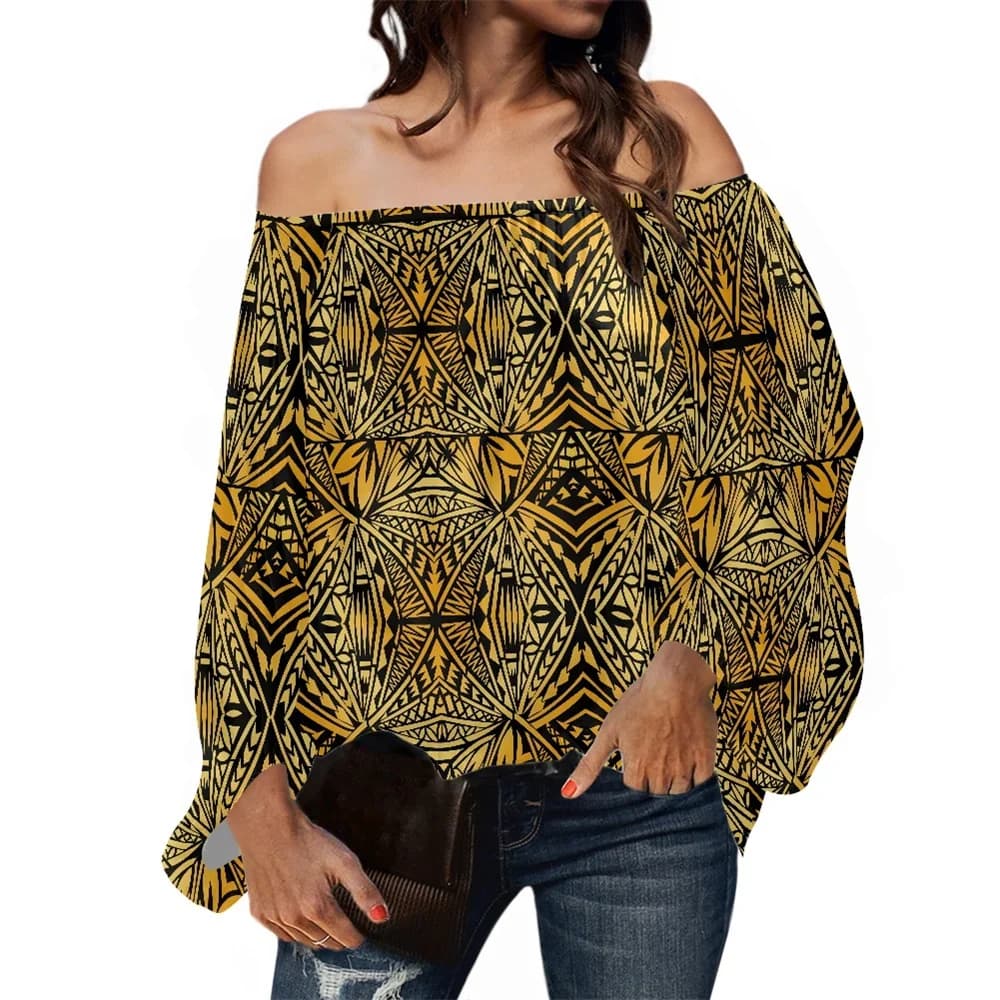Spring Fall Women Chiffon Blouse Top Polynesian Tribal Clothing Samoa Fijan Tapa Pattern Print Long Sleeve Off Shoulder Shirt