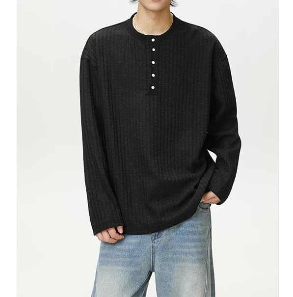 Textured Striped Henry Collar Long-sleeved T-shirt Men's 2026 Spring and Autumn Simple Loose Bottoming Top