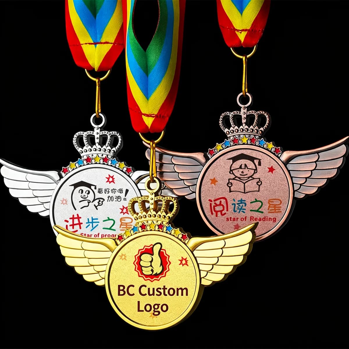 BC Custom logo Crown Wings Award-Medals for Children's Sports Events Metal Honor Plates Competitions Reading Star Award Medal