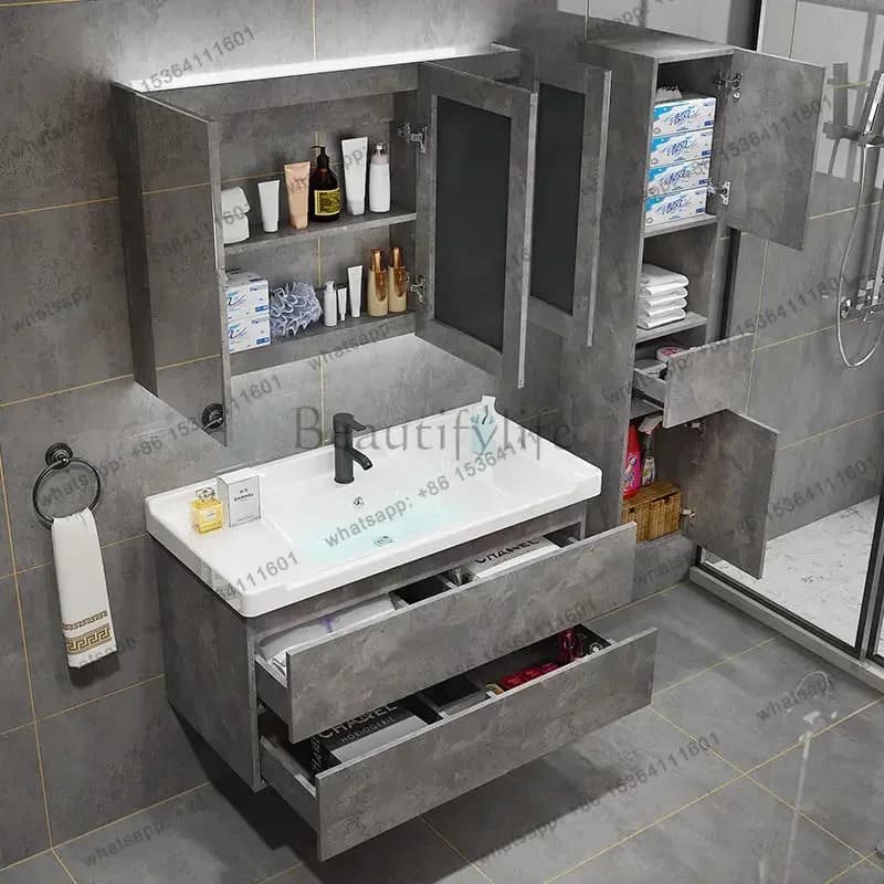 Nordic solid wood bathroom cabinet combination modern simple intelligent washbasin cabinet cement gray wall bathroom cabinet