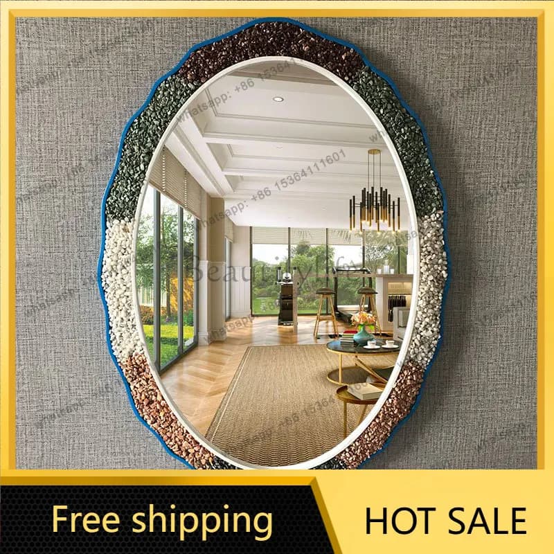 LJY Mediterranean Style Pebble Oval Wall Mounted Bathroom Mirror with Frame for Toilet Washroom Vanity Makeup Decor