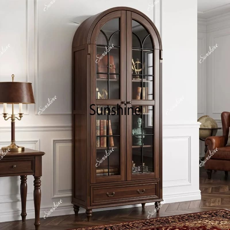 All solid wood American retro light luxury wine cabinet arched living room display