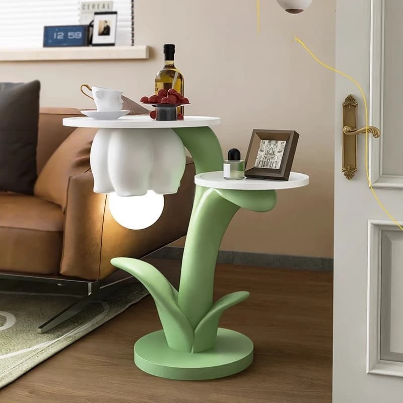 Bluebell Dual-Layer Cream Sofa Side Organizer Coffee Table with Anti-Spill Design Night Light Multi-Usage Beautiful