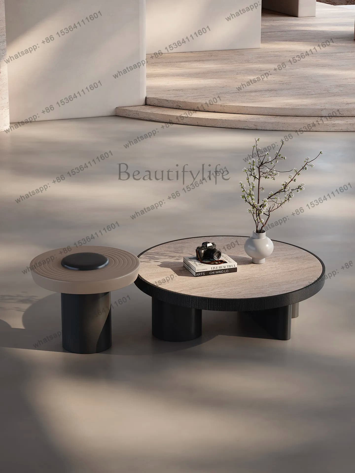 PG Italian minimalist natural travertine rock slab round coffee table home modern simple round coffee table combination
