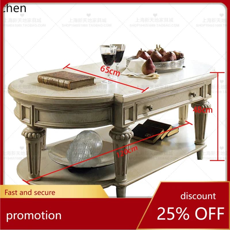 YFY Solid Wood Vintage Double-layer Coffee Table Simple Oval Tea Table Model Room Living Room Furniture
