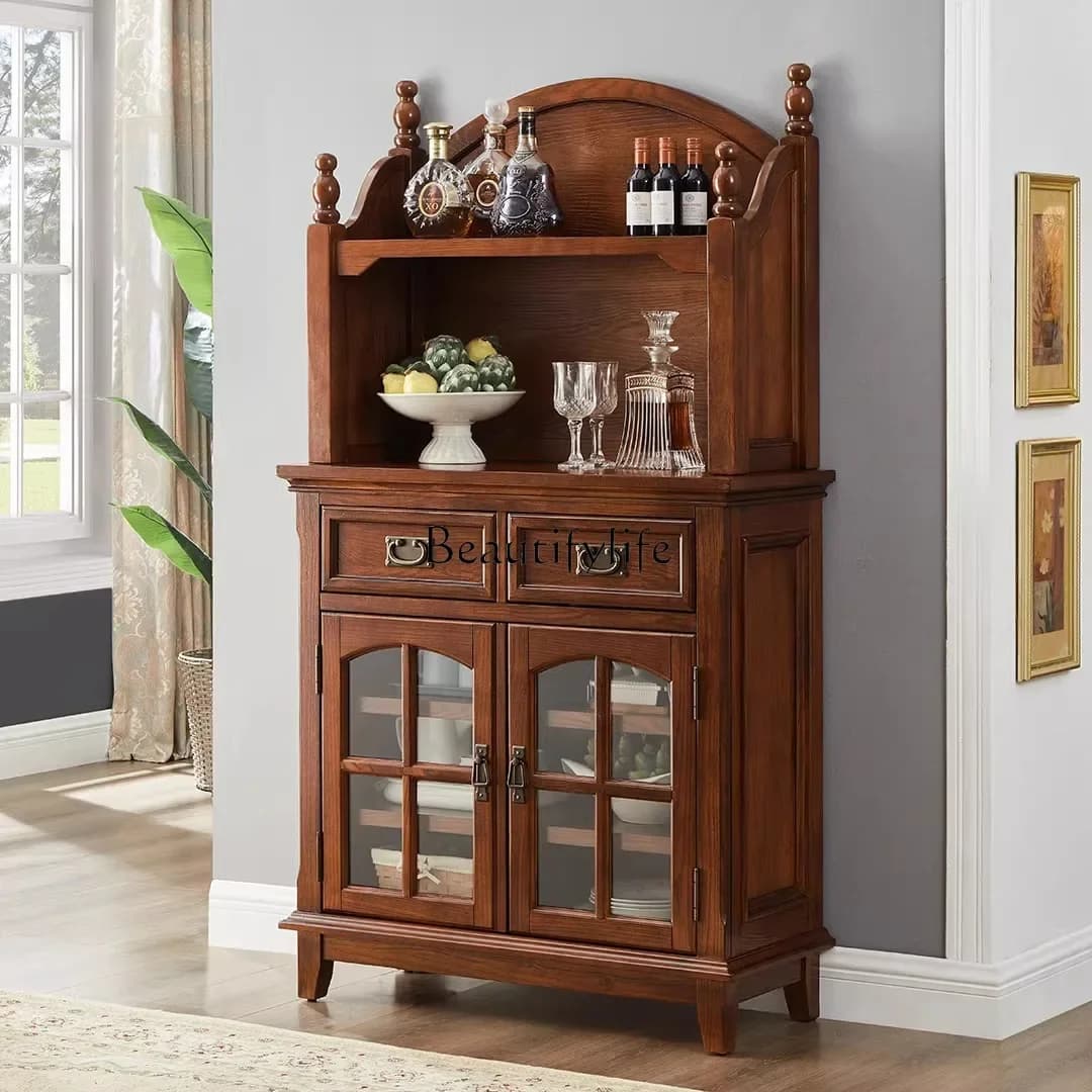 yj9  American-style Solid Wood Sideboard Cabinet for Home Dining Room Double-door Glass Storage Cabinet