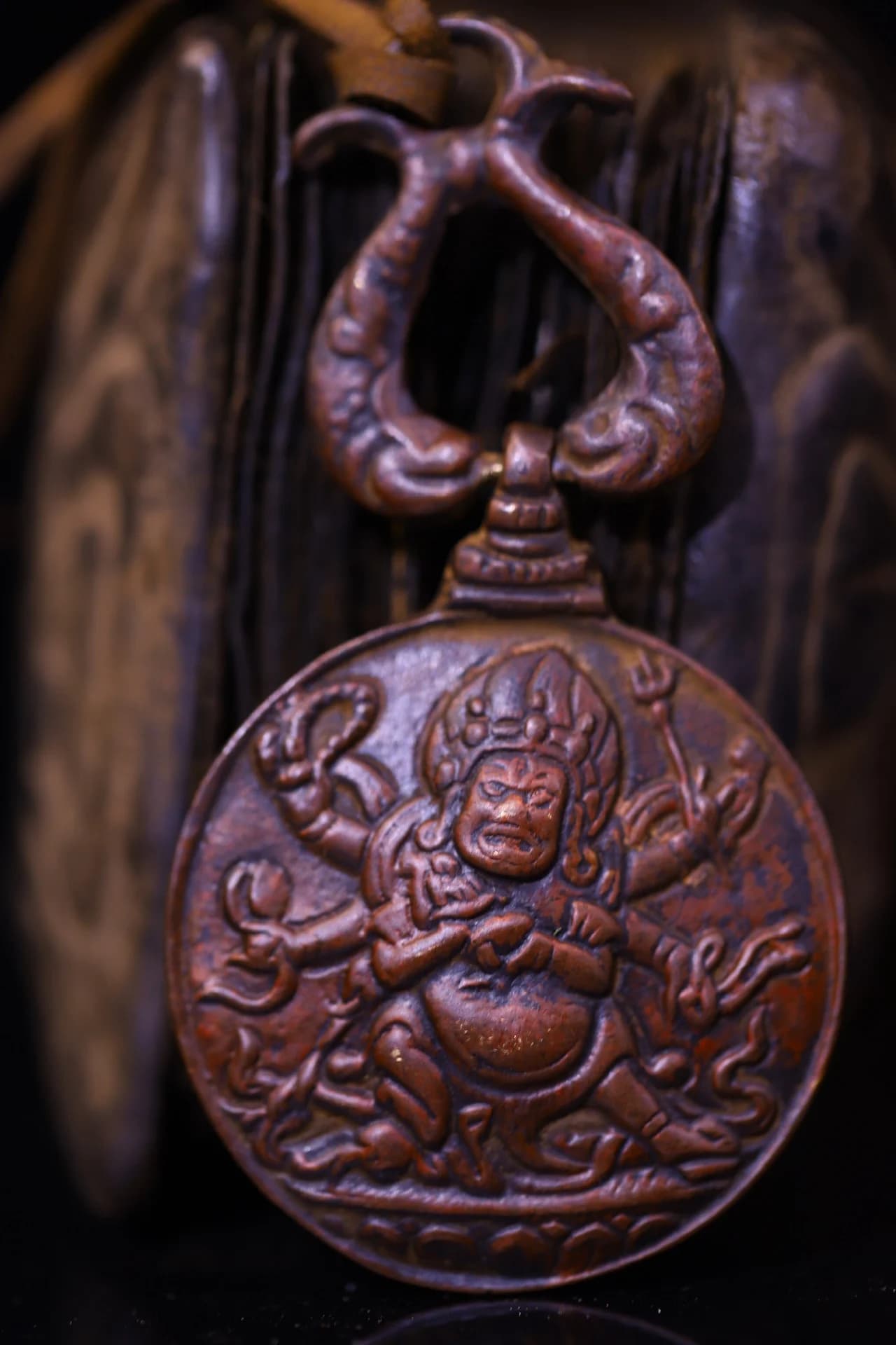 3"Tibetan Temple Collection Old Bronze Cinnabar Six arms Mahakala Buddha Card Zodiac Animals Pendant Amulet Dharam Town house