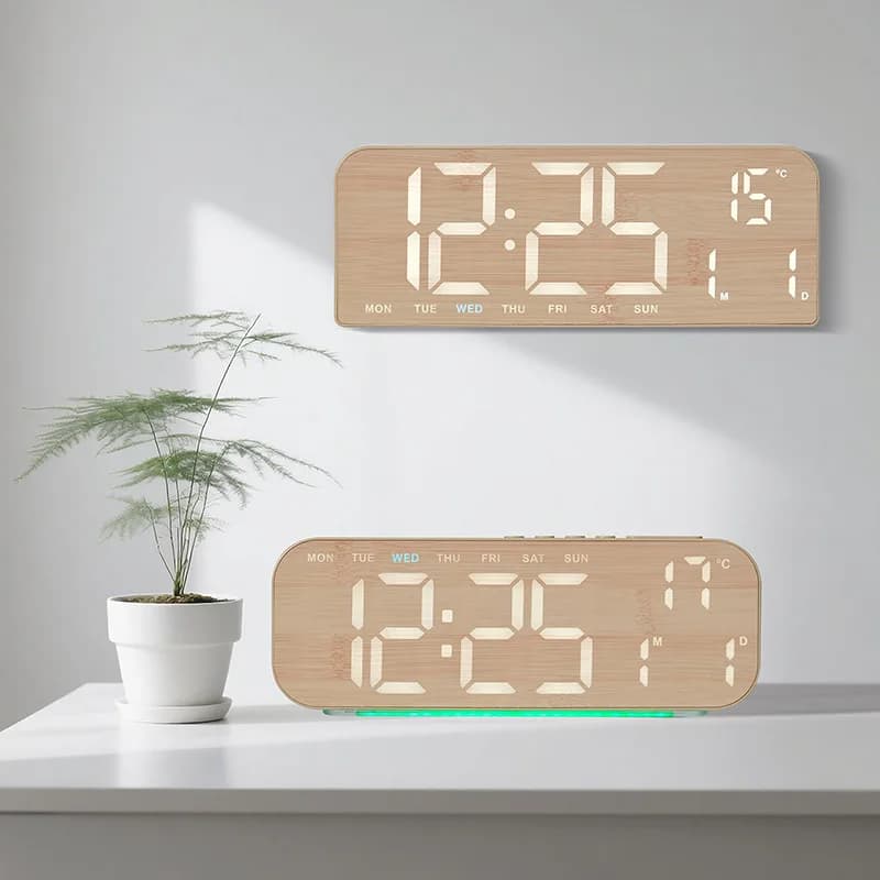Wooden Digital Alarm Clock with Large Display - Modern Bedside Timer for Bedroom,Dimmable LED&Silent Operation,Home Office Decor