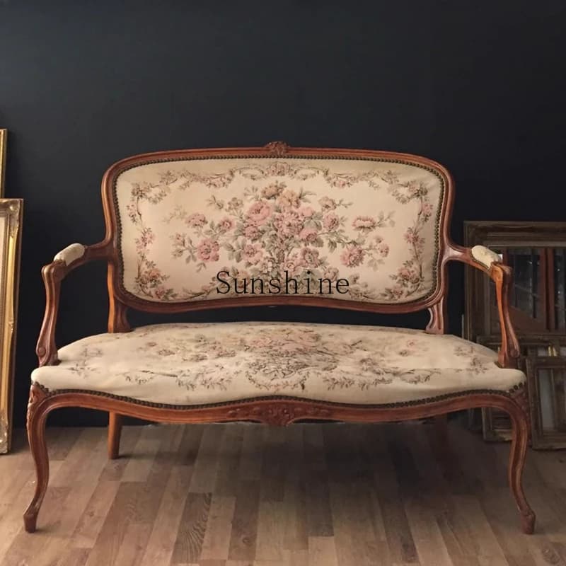 American retro carved solid wood sofa small apartment living room three-person printed fabric, leisure chair
