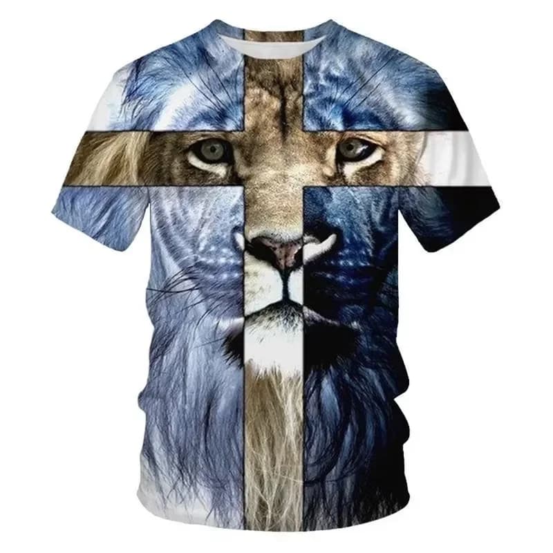 2026 Summer Fashion Creative Cross Lion 3D Printed Personalized Christian Art T Shirt for Men and Women