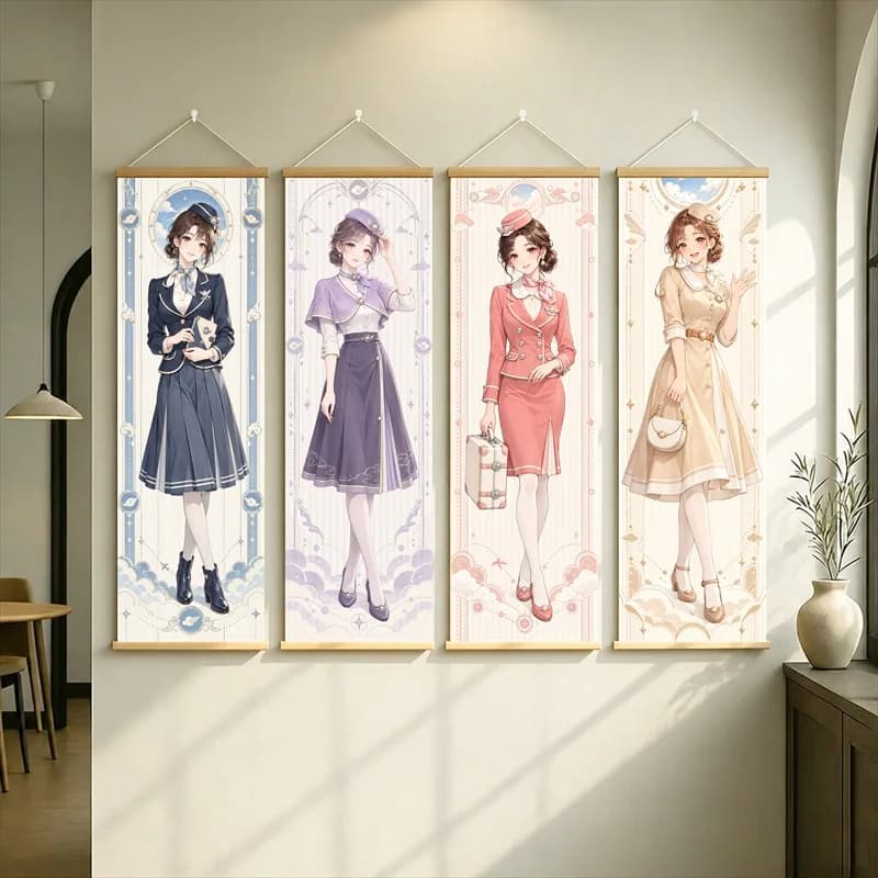 Anime Women in Navy, Violet, Pink and Cream Outfits Hanging Scroll with Delicate Floral Illustration for a Reading Nook