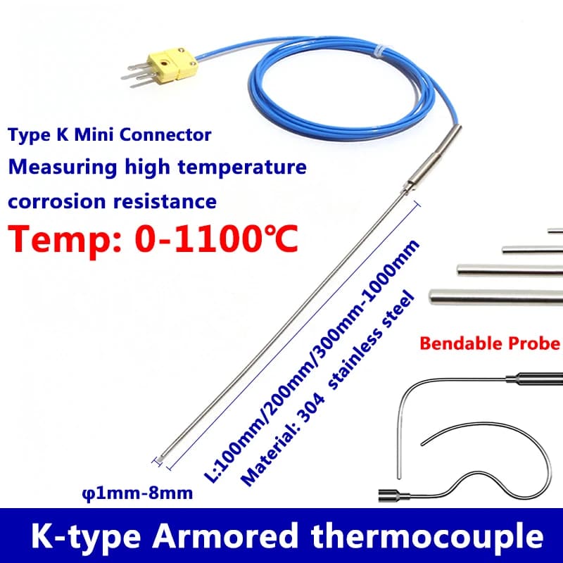 Armoured Thermocouple K Type Bendable Sensor Wire 1mm//2mm/3mm-8mm Dia 100/200/300mm WRNK-191 0-1100 Degree Temperature Sensor