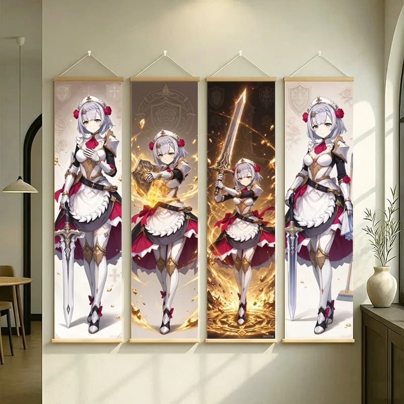 Hanging Scroll Wall Art of Genshin Impact Noelle with Red and White Maid Attire on Silver Shimmer Canvas for an Anime Bedroom