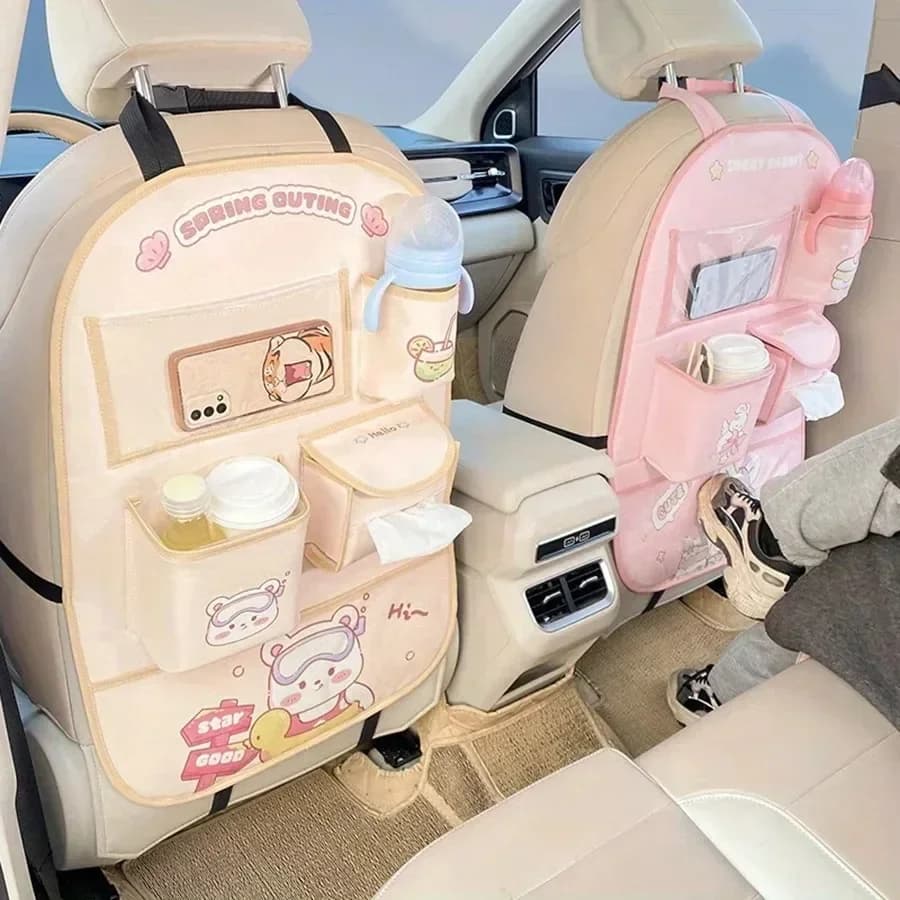 Cute Cartoon Car Seat Back Storage Bag Bear Bunny Multifunctional Car Back Seat Anti-Dirty Anti-Kick Storage Pad Car Accessories