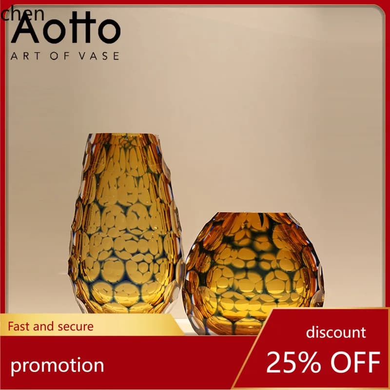 HT Modern Minimalist Hand-Cut Glass Vase Home Model Room Coffee Table Desktop Flower Arrangement Ornament Amber Vase